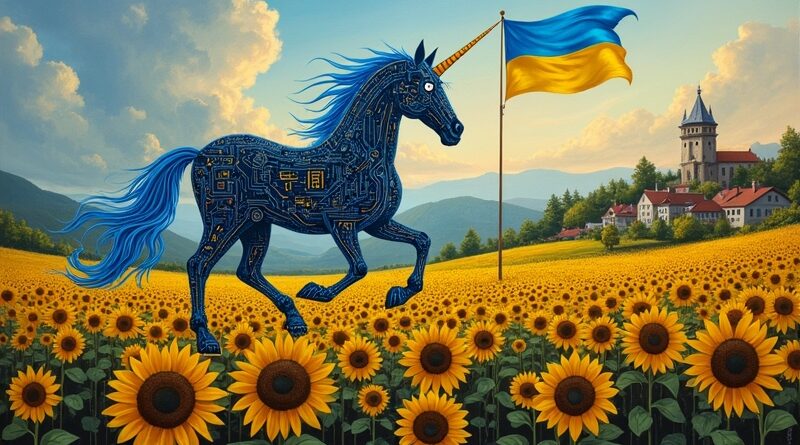Świecący jednorożec z obwodów, symbol technologii i ukraińska flaga na tle słoneczników.