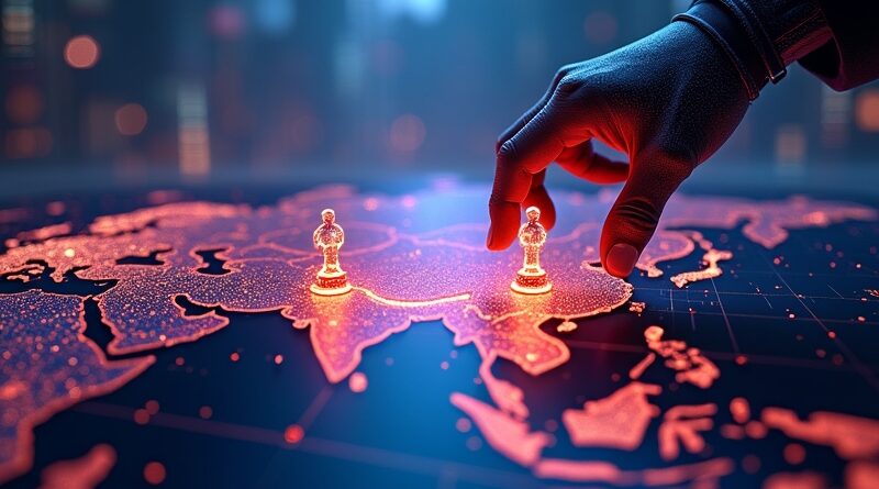 Szachowa rozgrywka między Meta a Chinami na geopolitycznej mapie, symbolizująca starcie AI i regulacji.