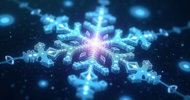 Abstrakcyjne strumienie danych zlewają się w kryształ śniegu, oświetlone przez pulsujące sieci neuronowe SI.