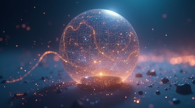 Świecąca sfera matematycznych równań w cyfrowym krajobrazie, symbolizuje przełom GPT-5.2 Pro w FrontierMath.