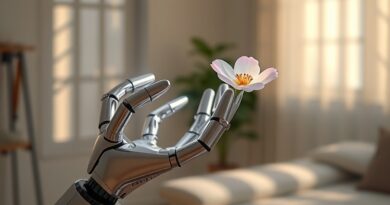 Humanoidalny robot delikatnie dotyka bioluminescencyjnego kwiatu w słonecznym, domowym otoczeniu. Futurystyczna harmonia i naturalizm.