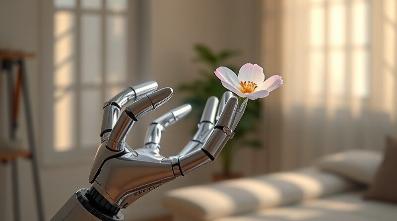 Humanoidalny robot delikatnie dotyka bioluminescencyjnego kwiatu w słonecznym, domowym otoczeniu. Futurystyczna harmonia i naturalizm.