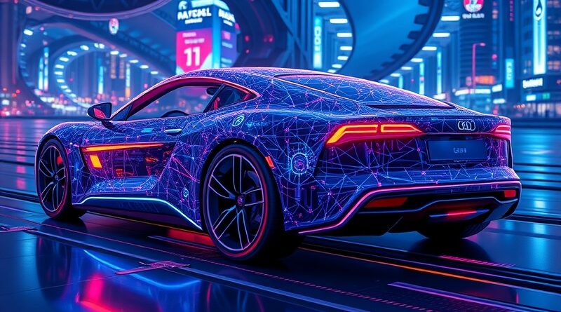 Futurystyczne auto autonomiczne z neuronową siecią, symbol "fizycznej AI" w motoryzacji.