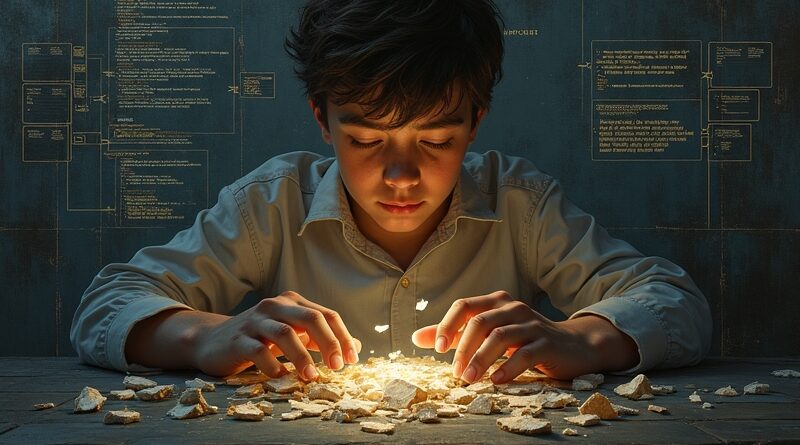 Ręce programisty przy AI, bezskutecznie składają chaotyczny kod. Melancholia, pułapka uproszczeń.