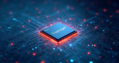 Cyfrowy sąd: dokumenty prawne zamieniają się w binarny kod, strzeżone przez procesor Snapdragon X Elite.