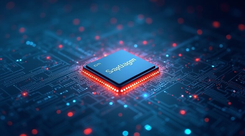 Cyfrowy sąd: dokumenty prawne zamieniają się w binarny kod, strzeżone przez procesor Snapdragon X Elite.