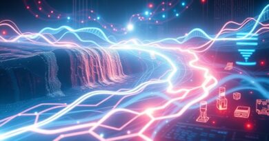 Abstrakcyjna sieć neuronowa jako rzeka światła, zasilająca świat AI: roboty, wirtualną rzeczywistość, awatary.