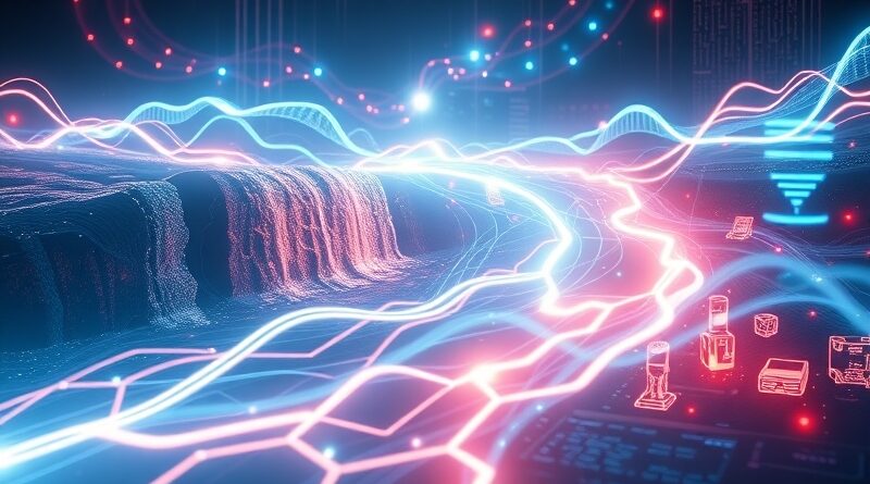 Abstrakcyjna sieć neuronowa jako rzeka światła, zasilająca świat AI: roboty, wirtualną rzeczywistość, awatary.