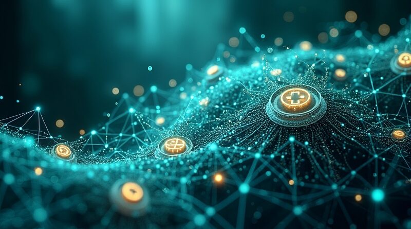 Abstrakcyjna sieć neuronów i architektury szpitala, symbolizująca połączenie technologii, AI i danych w medycynie.