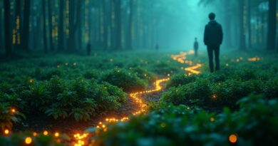 Terminal przechodzący w sieć neuronową zapuszczającą korzenie w zielone pole. Rozwój AI z przyszłościowymi stanowiskami pracy w tle.