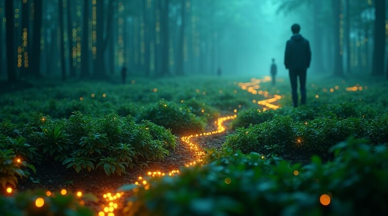 Terminal przechodzący w sieć neuronową zapuszczającą korzenie w zielone pole. Rozwój AI z przyszłościowymi stanowiskami pracy w tle.