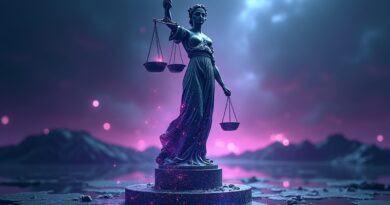 Ślepa Temida z pikseli, waga sprawiedliwości, deepfake'i i prawo ofiar cyfrowej przemocy.