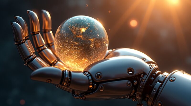 Gigantyczna, lśniąca ręka robota trzyma Ziemię, z której płyną strumienie kodu. Inwestycja w Skild AI.