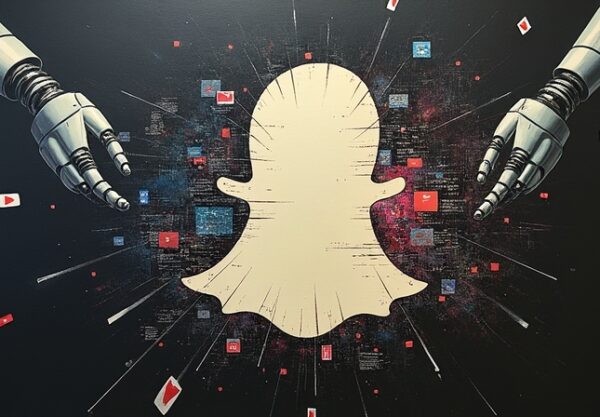 Surrealistyczny obraz: podzielony znak Snap ujawnia glitchujące miniatury YouTube pod wpływem robotycznych ramion.