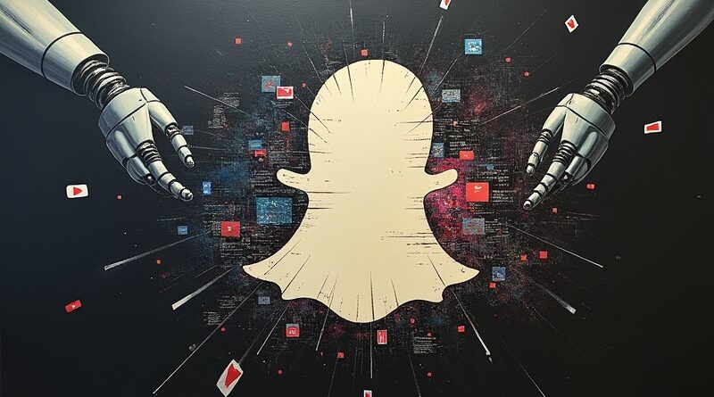 Surrealistyczny obraz: podzielony znak Snap ujawnia glitchujące miniatury YouTube pod wpływem robotycznych ramion.