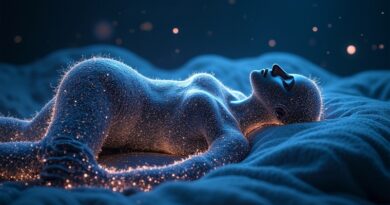 Abstrakcyjna sylwetka osoby śpiącej, utworzona z sieci neuronowych, symbolizująca użycie AI do przewidywania chorób snem.