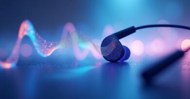 Abstrakcyjne słuchawki Voicebuds, świetliste fale dźwiękowe, neoimpresjonistyczny styl, błękitno-purpurowe tło. Technologia i sztuka.