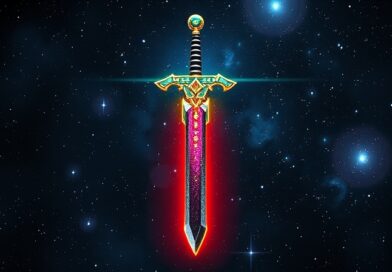 Miecz z obwodów i kodu binarnego na tle mgławicy, symbolizujący dualizm AI w cyberbezpieczeństwie.