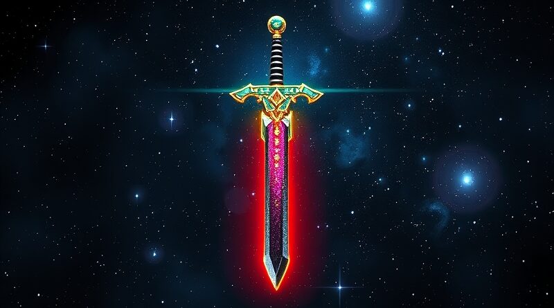 Miecz z obwodów i kodu binarnego na tle mgławicy, symbolizujący dualizm AI w cyberbezpieczeństwie.