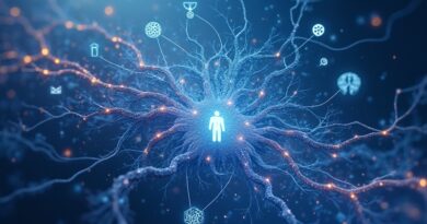 Pulsująca sieć neuronowa rozgałęzia się w struktury ludzkiego ciała, futurystyczna ilustracja AI w medycynie.