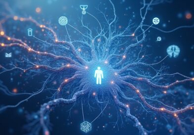 Pulsująca sieć neuronowa rozgałęzia się w struktury ludzkiego ciała, futurystyczna ilustracja AI w medycynie.