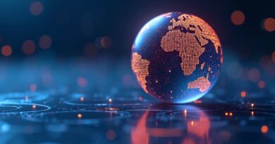 Świat zbudowany ze świecących symboli języków, odbijający się na futurystycznej powierzchni. Globalna komunikacja, postęp technologiczny.