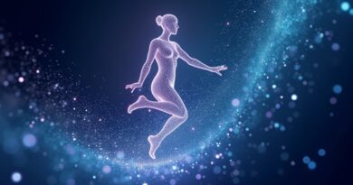 Eteryczna postać ze światła tańczy w kodzie, symbolizując animację 3D generowaną przez AI Tencent HY-Motion 1.0.