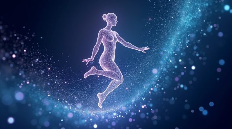 Eteryczna postać ze światła tańczy w kodzie, symbolizując animację 3D generowaną przez AI Tencent HY-Motion 1.0.