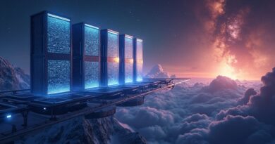 Futurystyczne centrum danych unoszące się na tle mgławicy, z promieniami światła symbolizującymi przepływ danych.