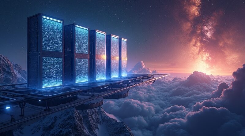 Futurystyczne centrum danych unoszące się na tle mgławicy, z promieniami światła symbolizującymi przepływ danych.