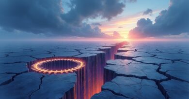 Pęknięty logo Thinking Machines, z którego ulatniają się promienie światła w kierunku OpenAI.