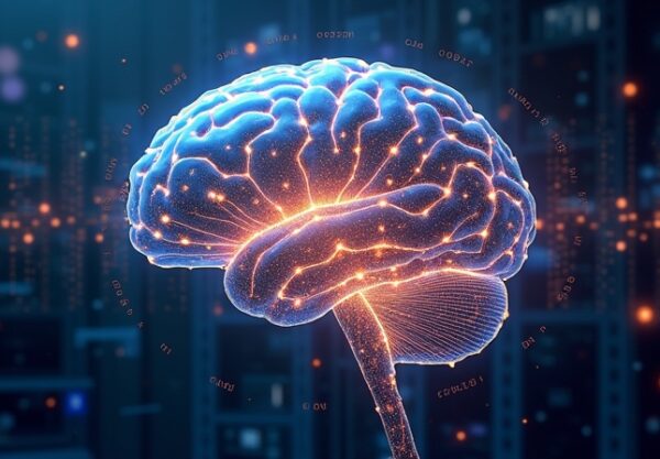 Abstrakcyjna wizja: AI, mózg w sieci, złota klatka, kodeks binarny, etyka cyfrowa i regulacje UE.