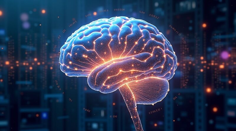 Abstrakcyjna wizja: AI, mózg w sieci, złota klatka, kodeks binarny, etyka cyfrowa i regulacje UE.