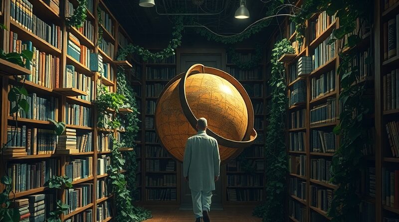 Surrealna biblioteka: regały-obwody, bluszcz-kable, globus z danymi, duch uczonego. Znikająca wiedza, przyszłość Wikipedii?