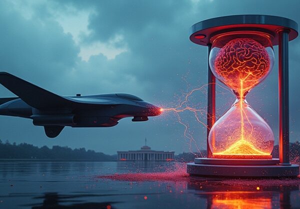 Rozbita klepsydra. Z drona dane płyną do mózgu. Pentagon w tle. Metafora militarnej AI.