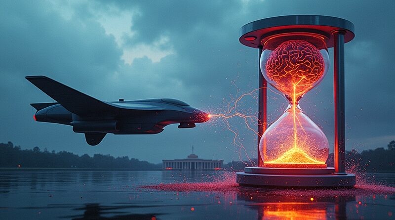 Rozbita klepsydra. Z drona dane płyną do mózgu. Pentagon w tle. Metafora militarnej AI.