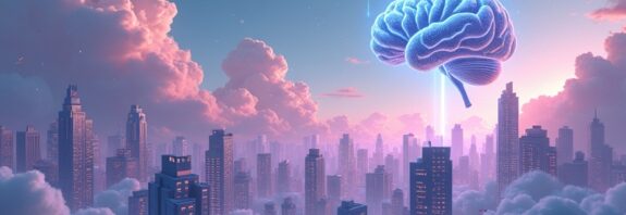 Surrealistyczny krajobraz bankowych skarbców połączonych w chmurze danych, symbolizujący AI chroniące finanse.