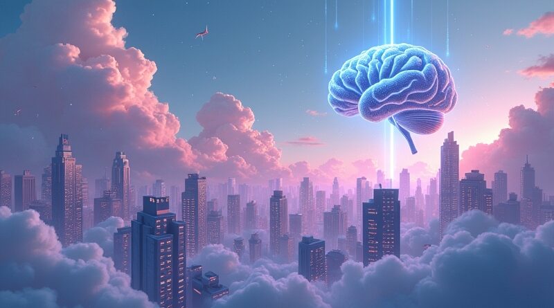 Surrealistyczny krajobraz bankowych skarbców połączonych w chmurze danych, symbolizujący AI chroniące finanse.