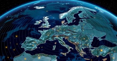 Abstrakcyjne fale radarowe nad Polską i Niemcami, satelity w tle, w barwach błękitu i złota.