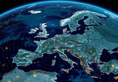 Abstrakcyjne fale radarowe nad Polską i Niemcami, satelity w tle, w barwach błękitu i złota.