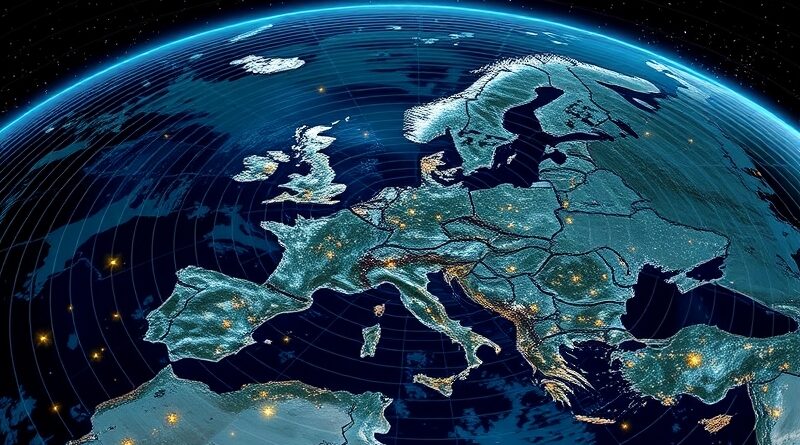 Abstrakcyjne fale radarowe nad Polską i Niemcami, satelity w tle, w barwach błękitu i złota.