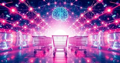 Futurystyczna sieć wózków sklepowych z danymi, zbiegająca się do świetlistego mózgu AI.