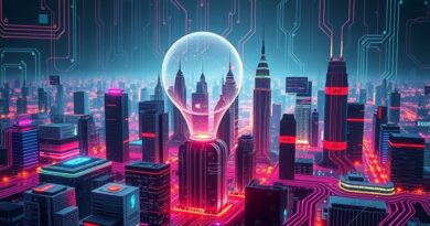 Futurystyczne miasto obwodów i światłowodów, odblaski neonów symbolizują dane i obligacje, bańka AI.