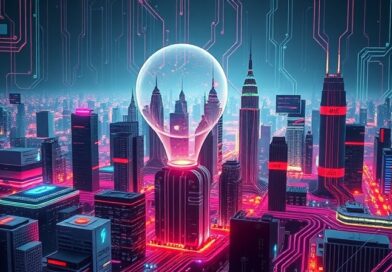 Futurystyczne miasto obwodów i światłowodów, odblaski neonów symbolizują dane i obligacje, bańka AI.