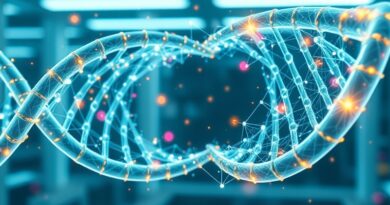 Abstrakcyjna wizja molekuł DNA, AI i leków w futurystycznym laboratorium.