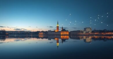 Sztokholm o zmierzchu odbity w jeziorze, z subtelną siecią neuronową symbolizującą potęgę szwedzkiego AI.