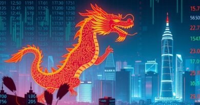 Technologiczny smok z obwodów drukowanych wznosi się nad futurystycznym Hongkongiem z chipów, symbolizując chińską innowacyjność w GPU.