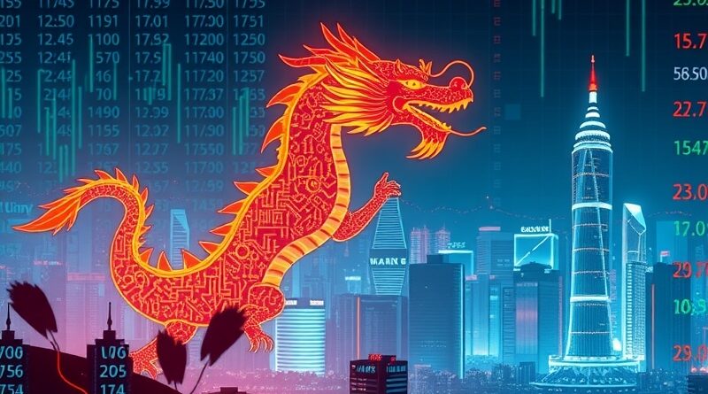 Technologiczny smok z obwodów drukowanych wznosi się nad futurystycznym Hongkongiem z chipów, symbolizując chińską innowacyjność w GPU.