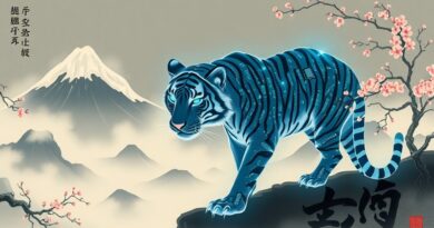 Stylizowany tygrys z obwodów drukowanych wyłania się z pejzażu sumi-e, symbolizując azjatyckie tygrysy AI.