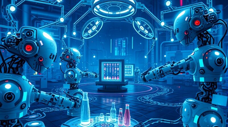 Bioluminescencyjna sieć robotów laboratoryjnych, współpracujących w futurystycznym ekosystemie AI, wymieniających dane.